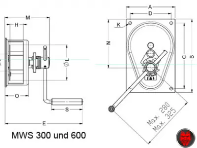 Massbild Wandseil-Winde MWS 330 und 600